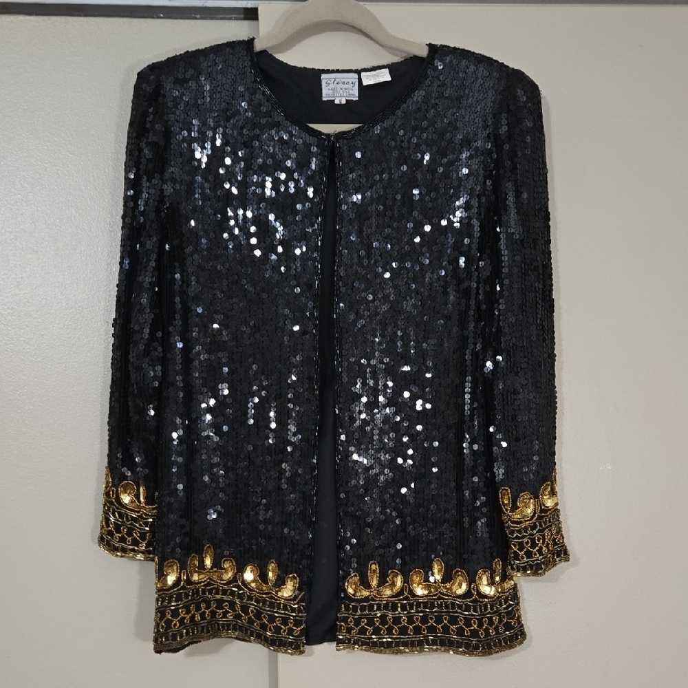 Stenay Sequin & Beaded Black and Gold Jacket Size Small